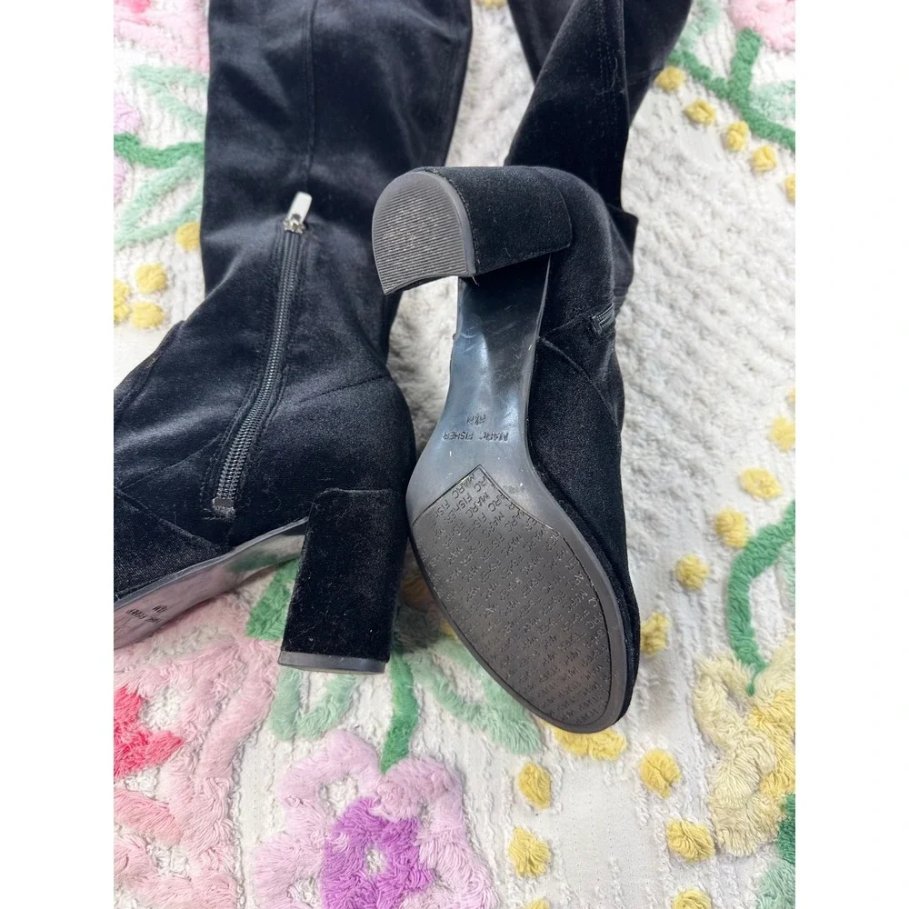 Marc Fisher Black Velvet Over The Knee Block Heel Boots Size 6.5M Tie Back Zip